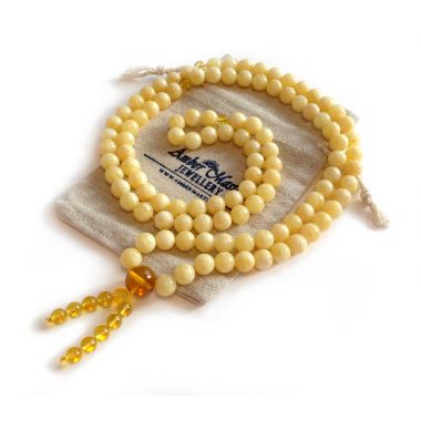 Tibetan Buddhist Mala With 108 White  Amber Beads