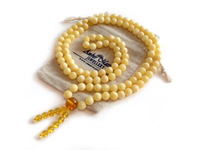Tibetan Buddhist Mala With 108 White  Amber Beads